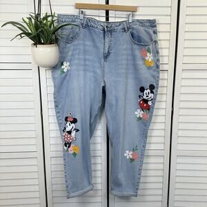 Disney X Hot Topic Mickey Minnie Mouse‎ Floral Mom Jeans Light Wash Plus Size 28